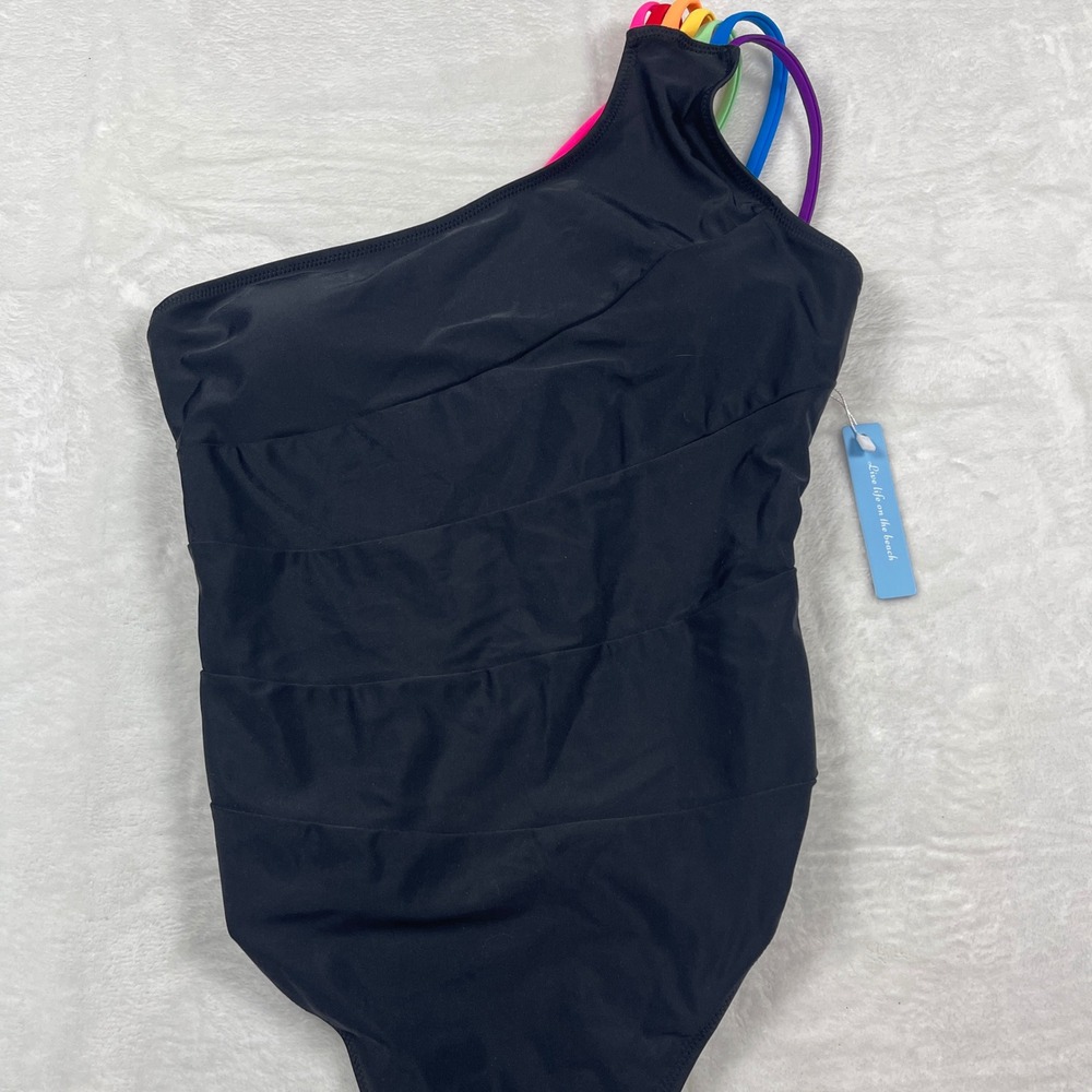 Live Life on the Beach One Shoulder Rainbow Strap Ruched Swimsuit Black Small‎ - Picture 2 of 7